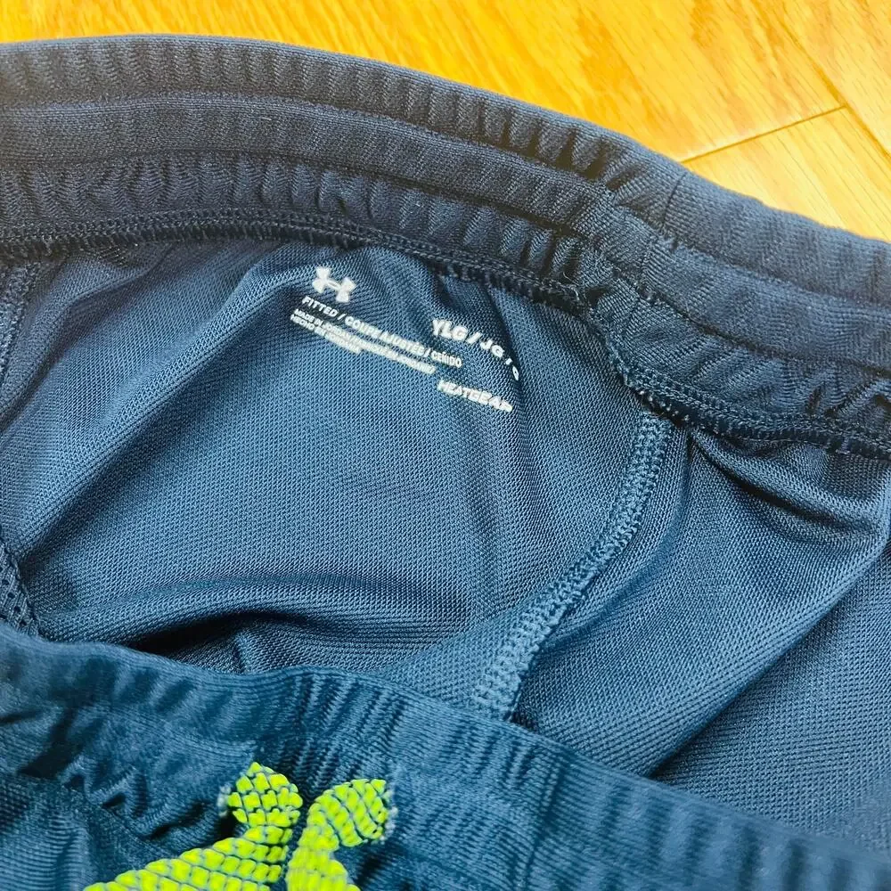 Under Armour Boy's Jogger Pants Athletic Blue Neon Green Heat Gear Fitted Large